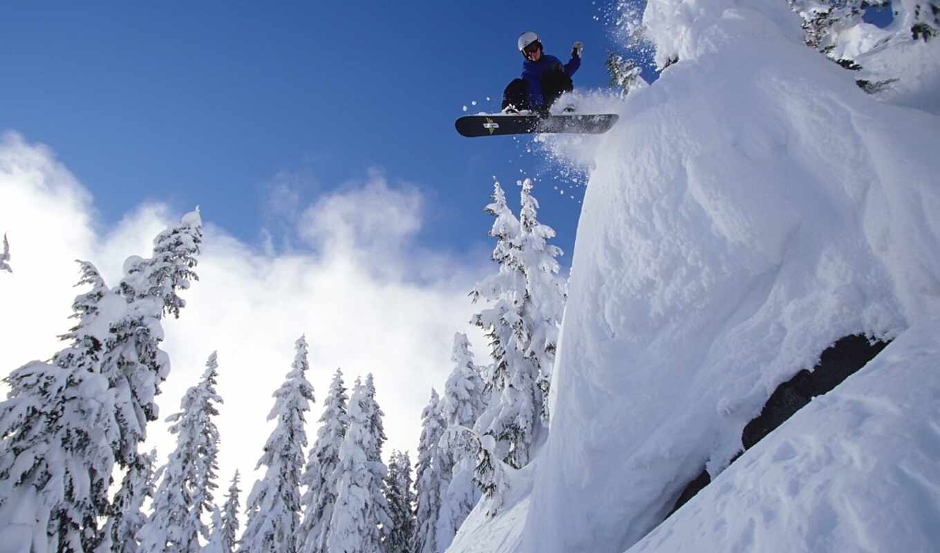 sky, picture, snow, forest, sport, jump, snowboard, extreme