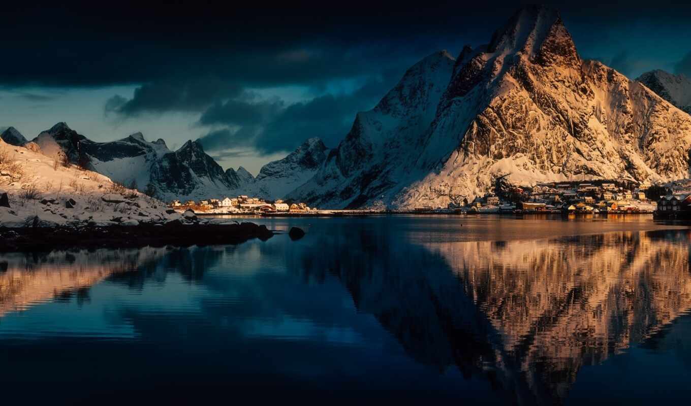 background, water, mountain, reflection, snowy, song, https, Lofoten islands, devices