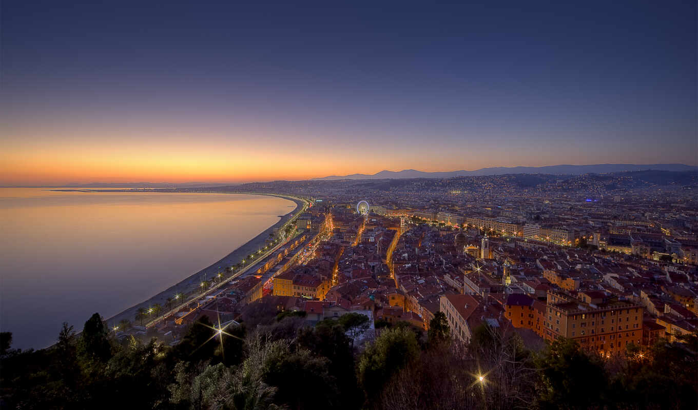 city, night, mountain, France, sea, nice, panorama, the first, France