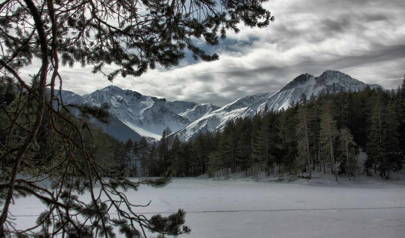 озеро, desktop, лес, landscape, mountains, frozen