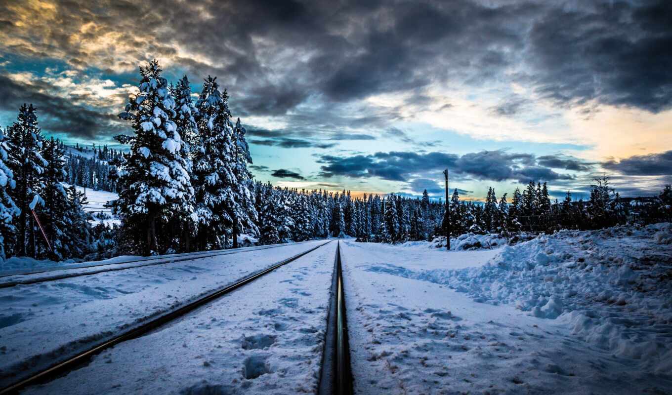 snow, winter, forest, road, landscape, trees, iron, rails, clouds