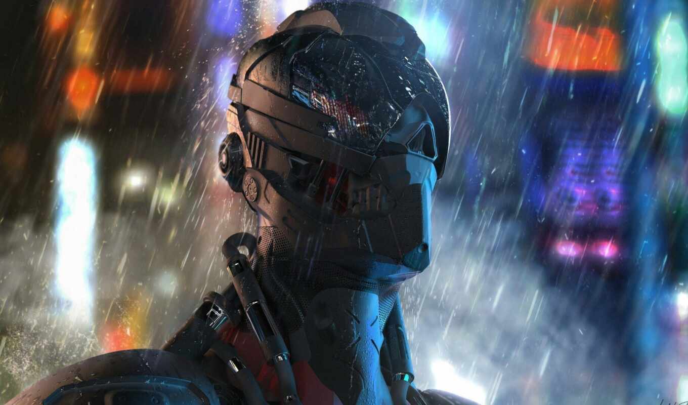 art, robot, background, rain, tony, artwork, cyberpunk, cyborg, skeor