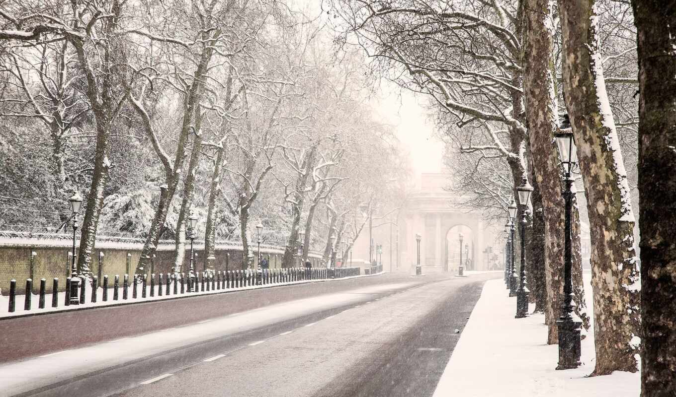 snow, winter, road, Great Britain, England, london, trees, lanterns