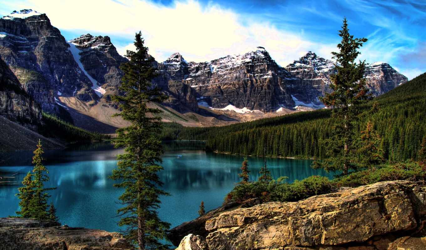 озеро, альберта, moraine, морейн, banff, канадский, находится, пиков, десяти, ледниковое, долине