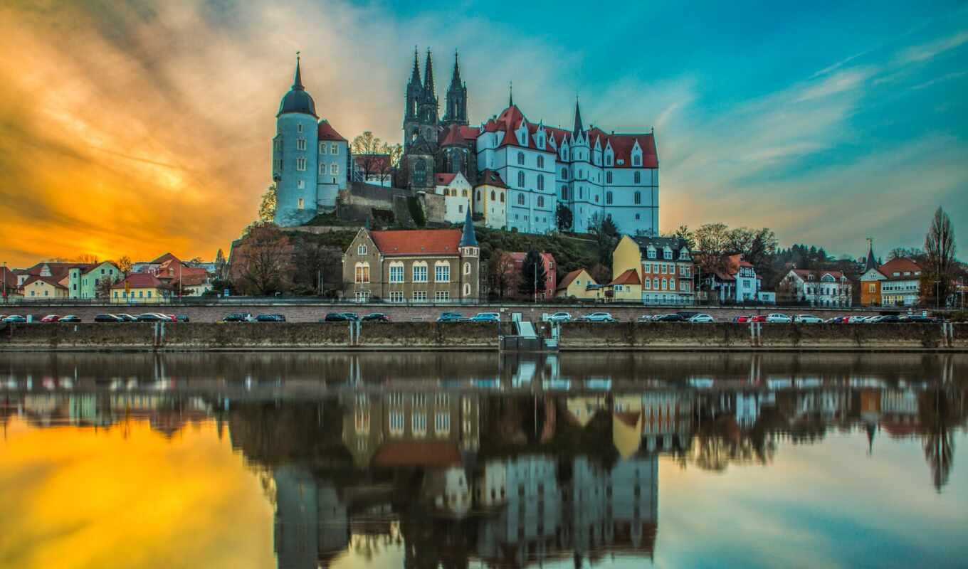 sky, sunset, city, Germany, castle, reflection, even, albrechtsburg, Meissen, pazlyi
