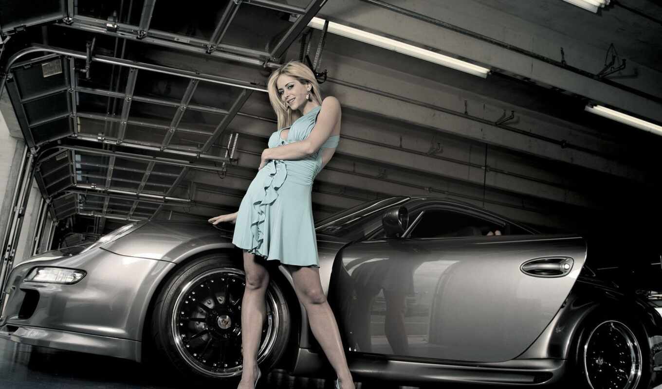 girl, background, blonde, dress, car, Porsche, decoration, garage, whole, vash