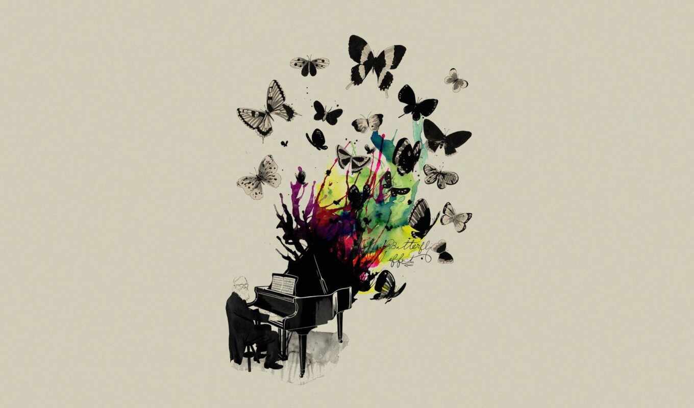 musician, art, music, abstract, butterfly, effect, piano, matiole, watercolor