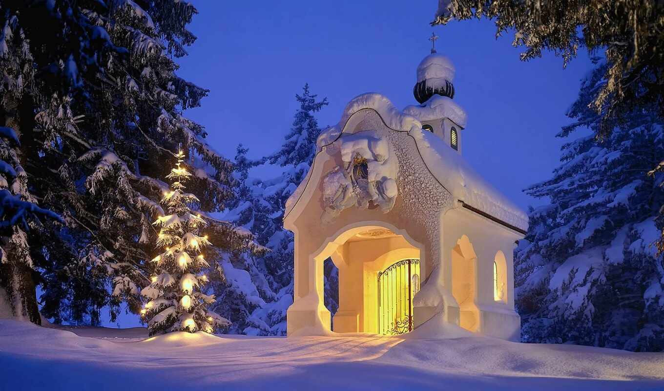 снег, christmas, chapel, елка