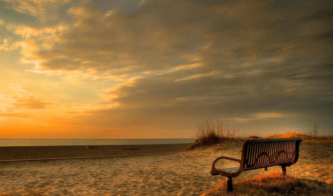 picture, sunset, landscape, sea, bench
