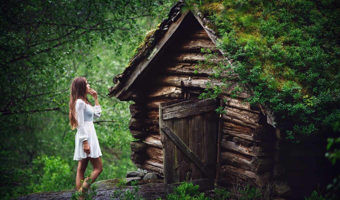 girl, house, winter, forest, taiga, landscape, lodge, hut, freeze