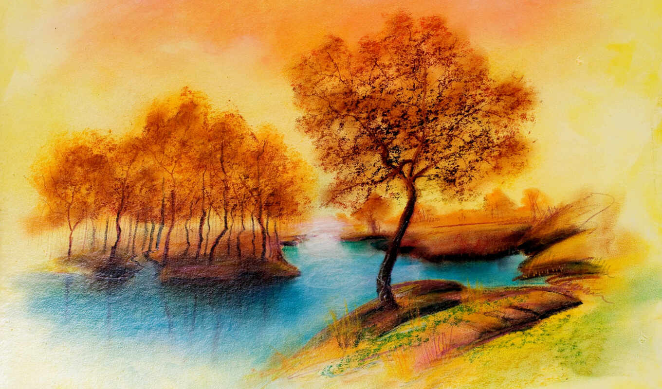 drawing, landscape, autumn, river, trees, peace