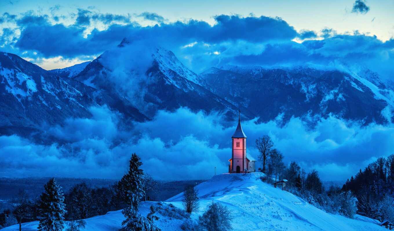 природа, house, снег, winter, гора, landscape, близко, облако, peak, church, евангелие