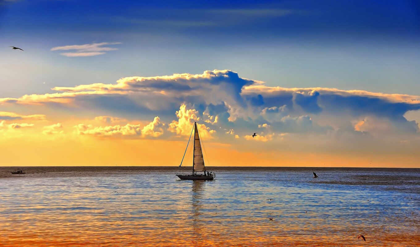 небо, взгляд, закат, море, облако, ocean, лодка, lovely, peaceful, sailboat, sail