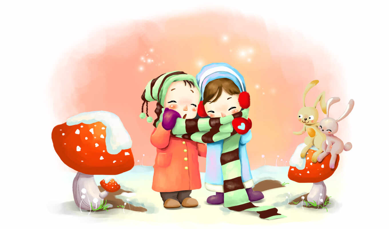 mushrooms, snow, girls, winter, foreigners, children, hats, scarf, barracks