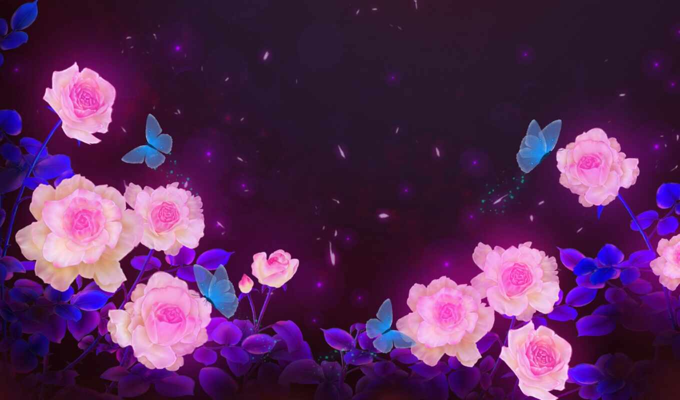 art, flowers, rose, night, butterfly, garden, pink, dark, fantasy, takeoff