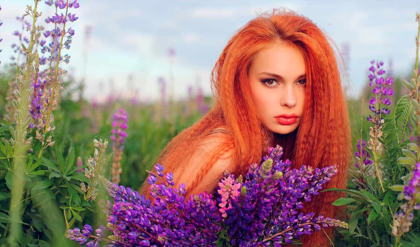 девушка, поле, волосы, рыжая, рыжие, devushki, длинноволосая, лаванды
