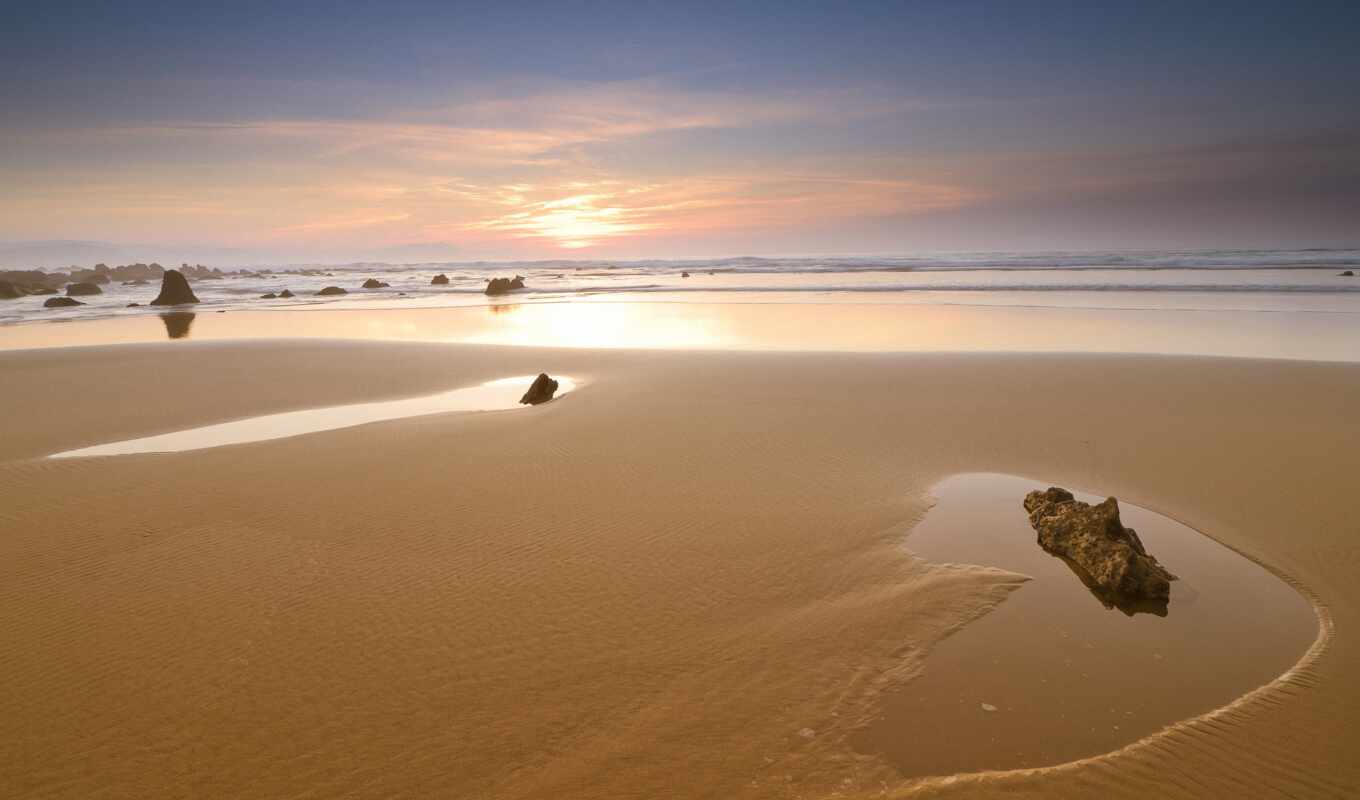nature, sky, sunset, sea, coast, sand, stones
