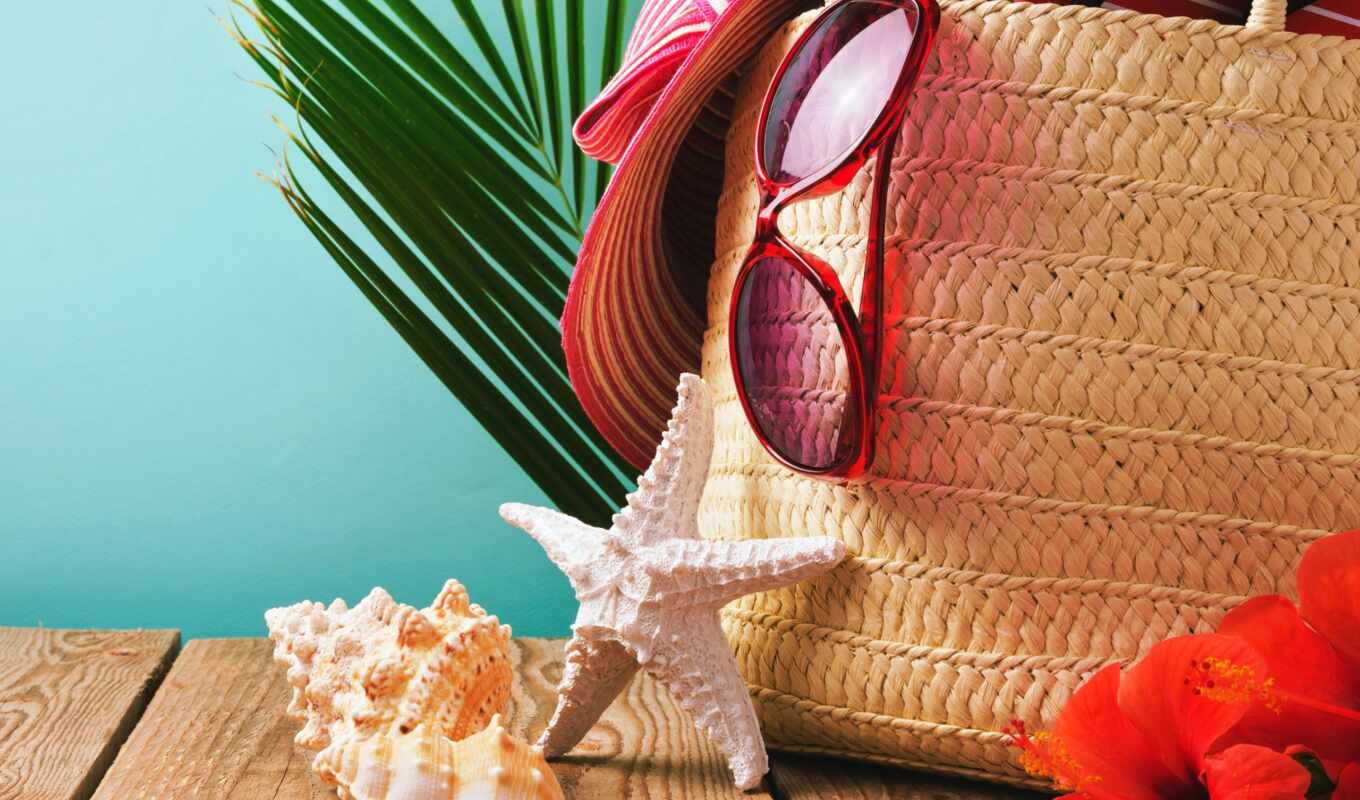 hat, summer, beach, sand, glasses, bag, cafe, medina, beach, shells
