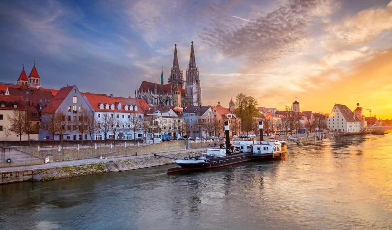 audio, home, sunset, Germany, river, cathedral, Bavaria, guide, regensburg