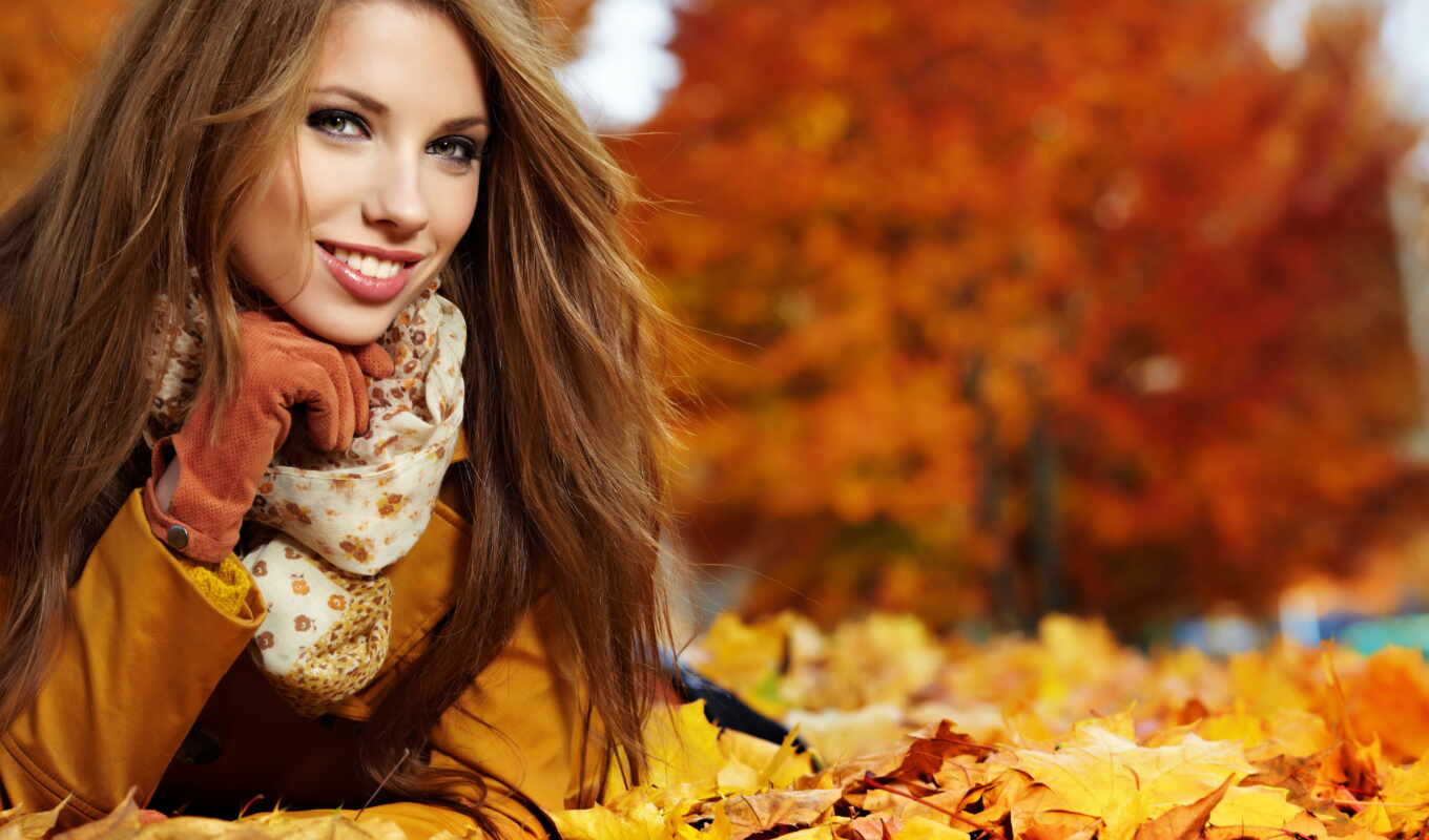 girl, woman, beautiful, smile, autumn, fur coat, brown - haired