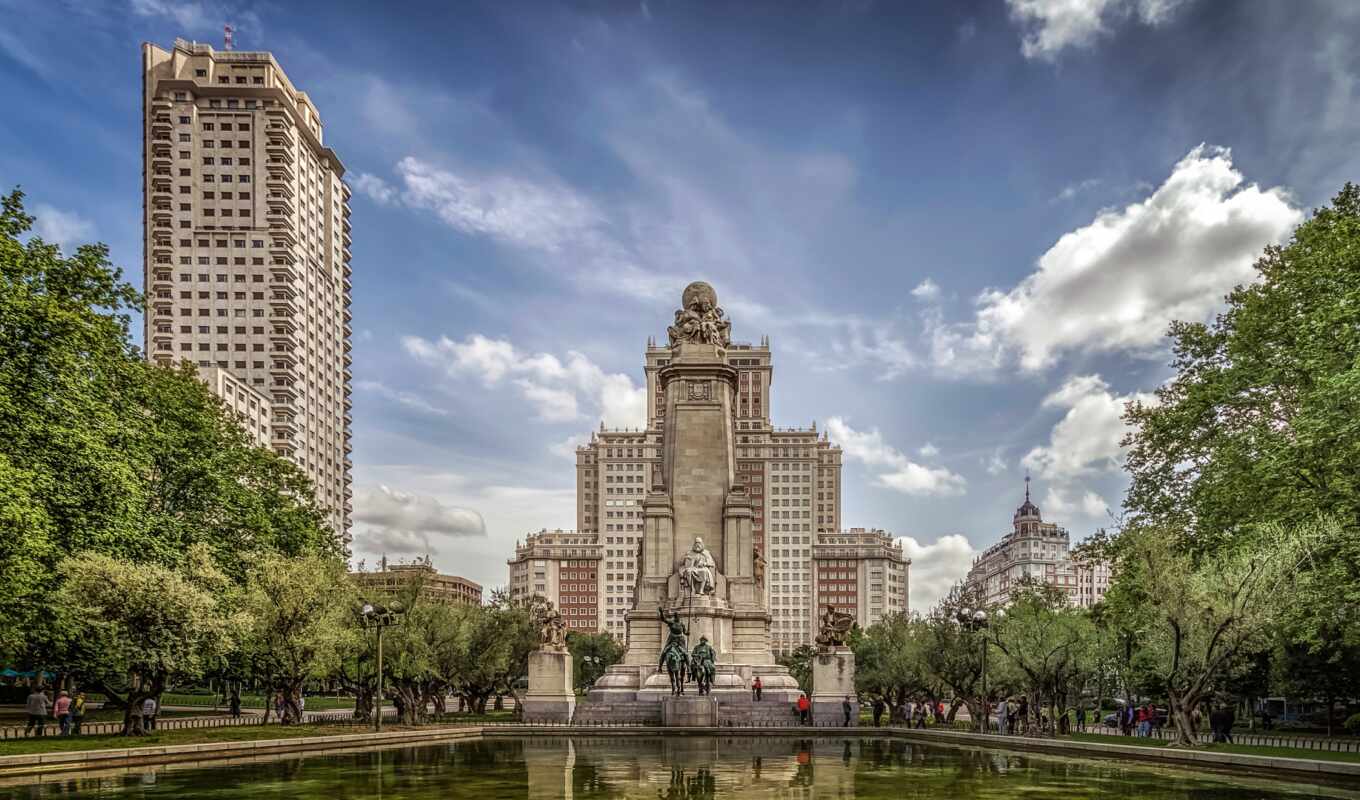 city, building, madrid, Spain, monument, miguel, cervante, monument