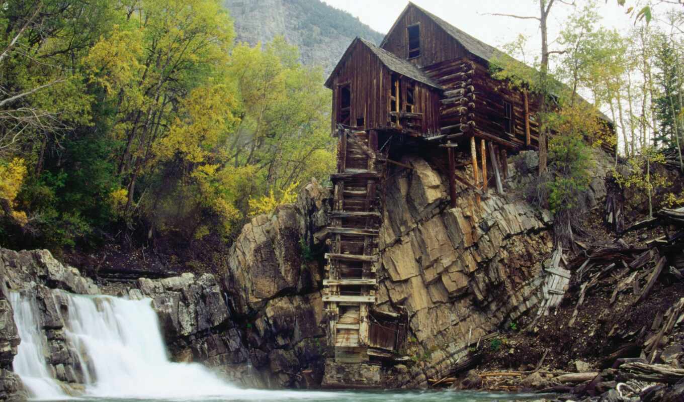 mountain, lodge, river