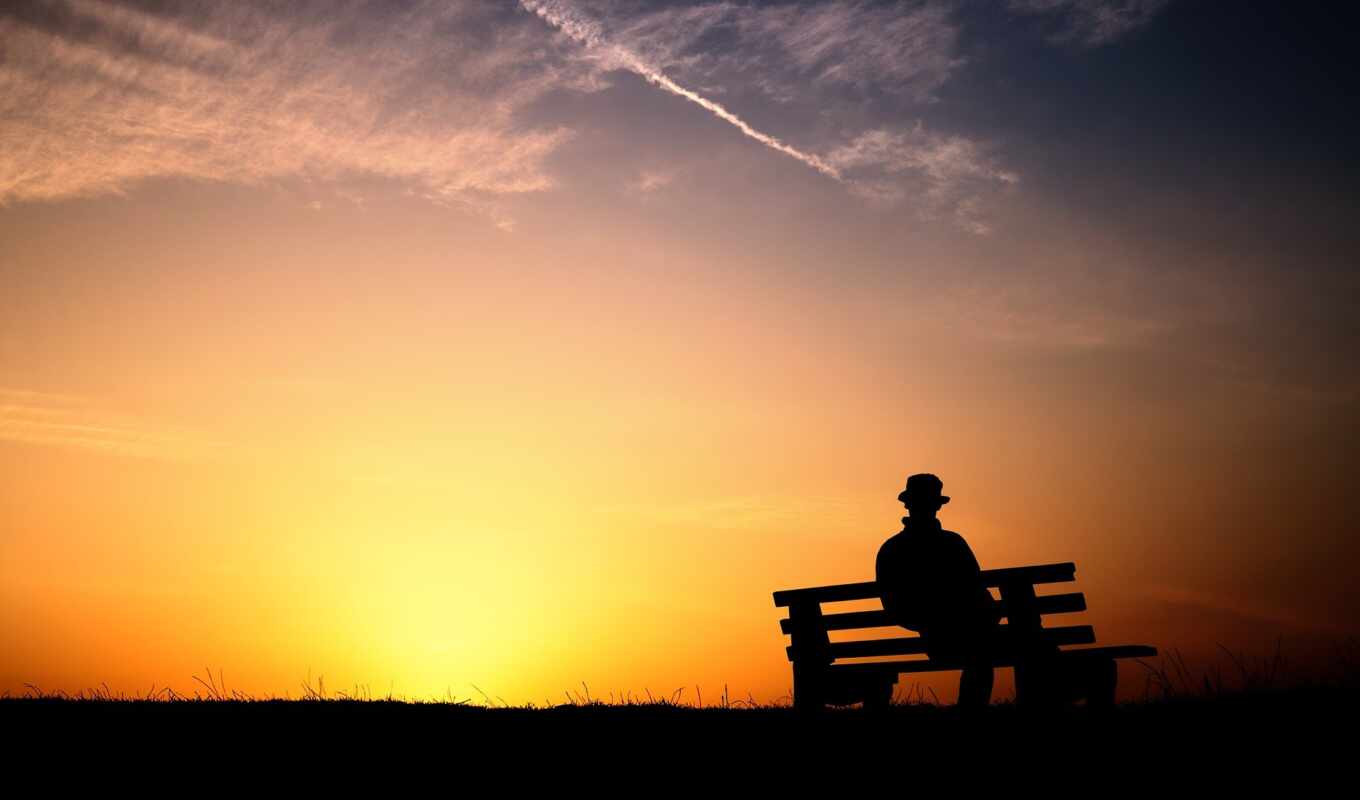 sunset, human, bench