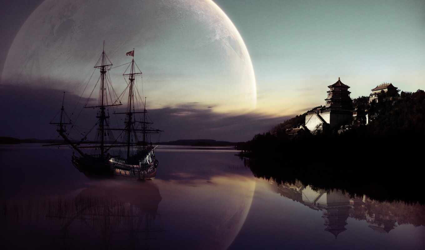 ship, city, night, moon, river