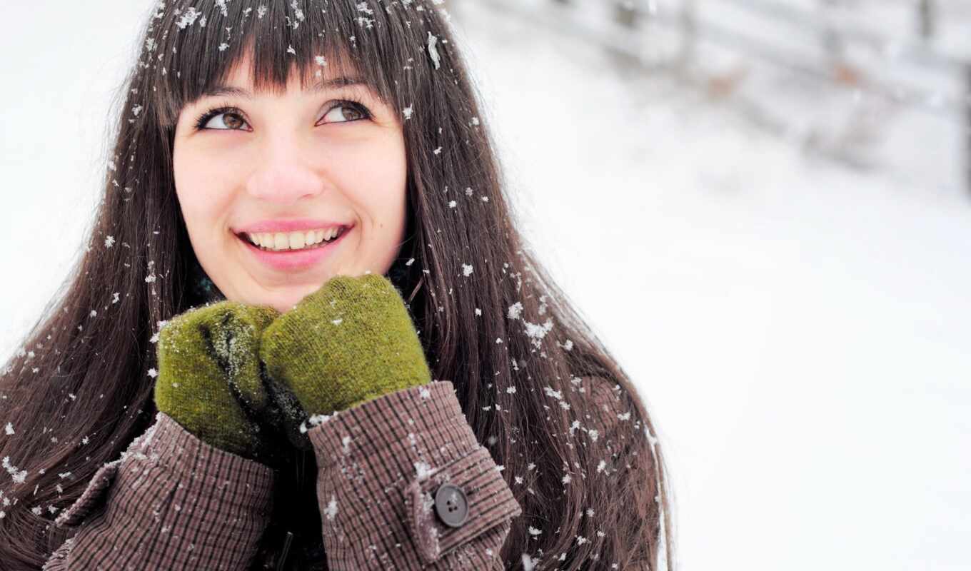 снег, улыбка, радость, радост, devushka, варежки, женщина