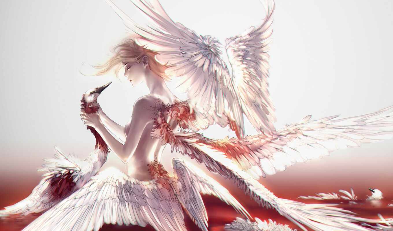 art, mobile, white, anime, планшетный, красивый, ангела, фея, крыло, перышко, арт