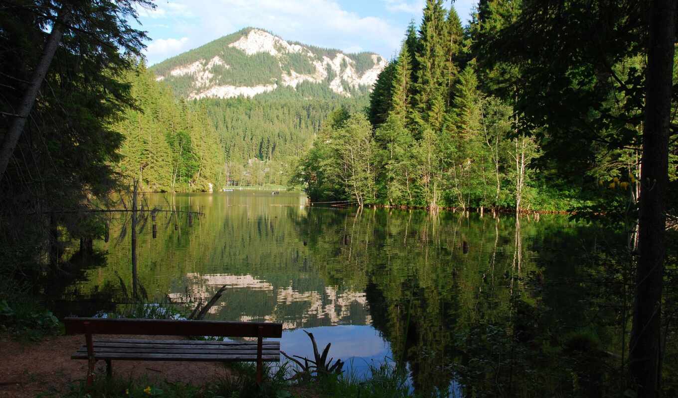 озеро, пейзажи -, red, лес, фотографий, скамейка, son, milli, горы
