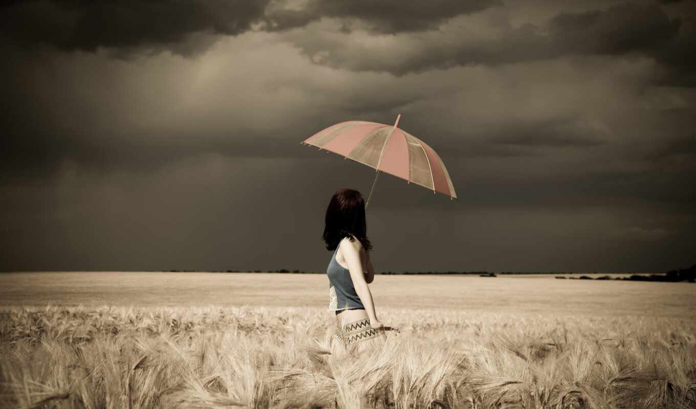 девушка, буря, поле, зонтик
