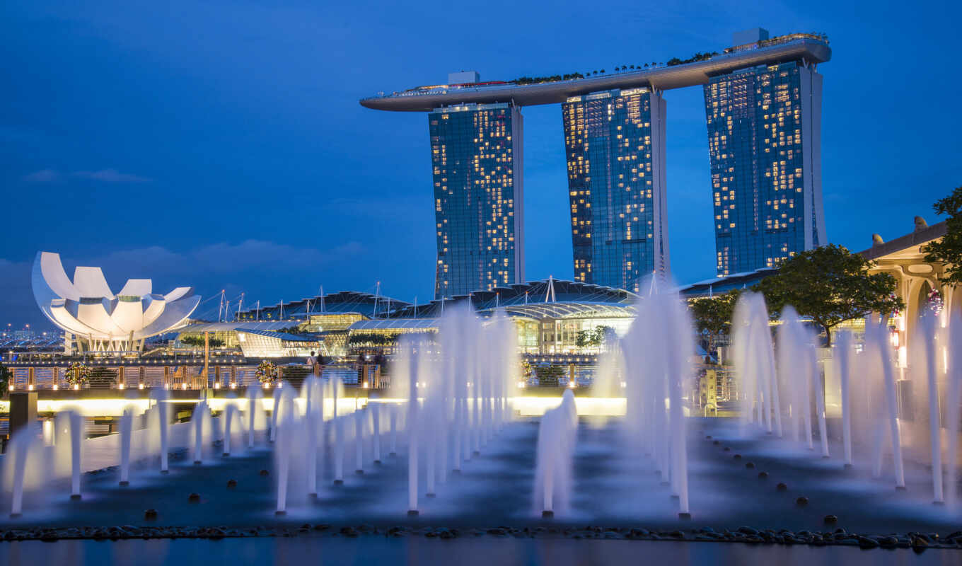 blue, ночь, architecture, огни, gardens, bay, singapore, skyscrapers