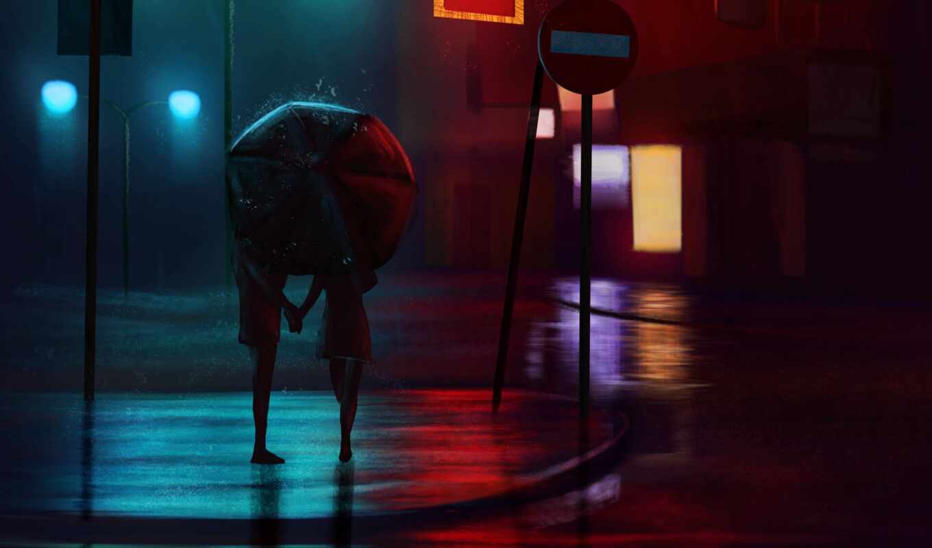 art, love, rain, city, night, street, couple, lights, umbrella