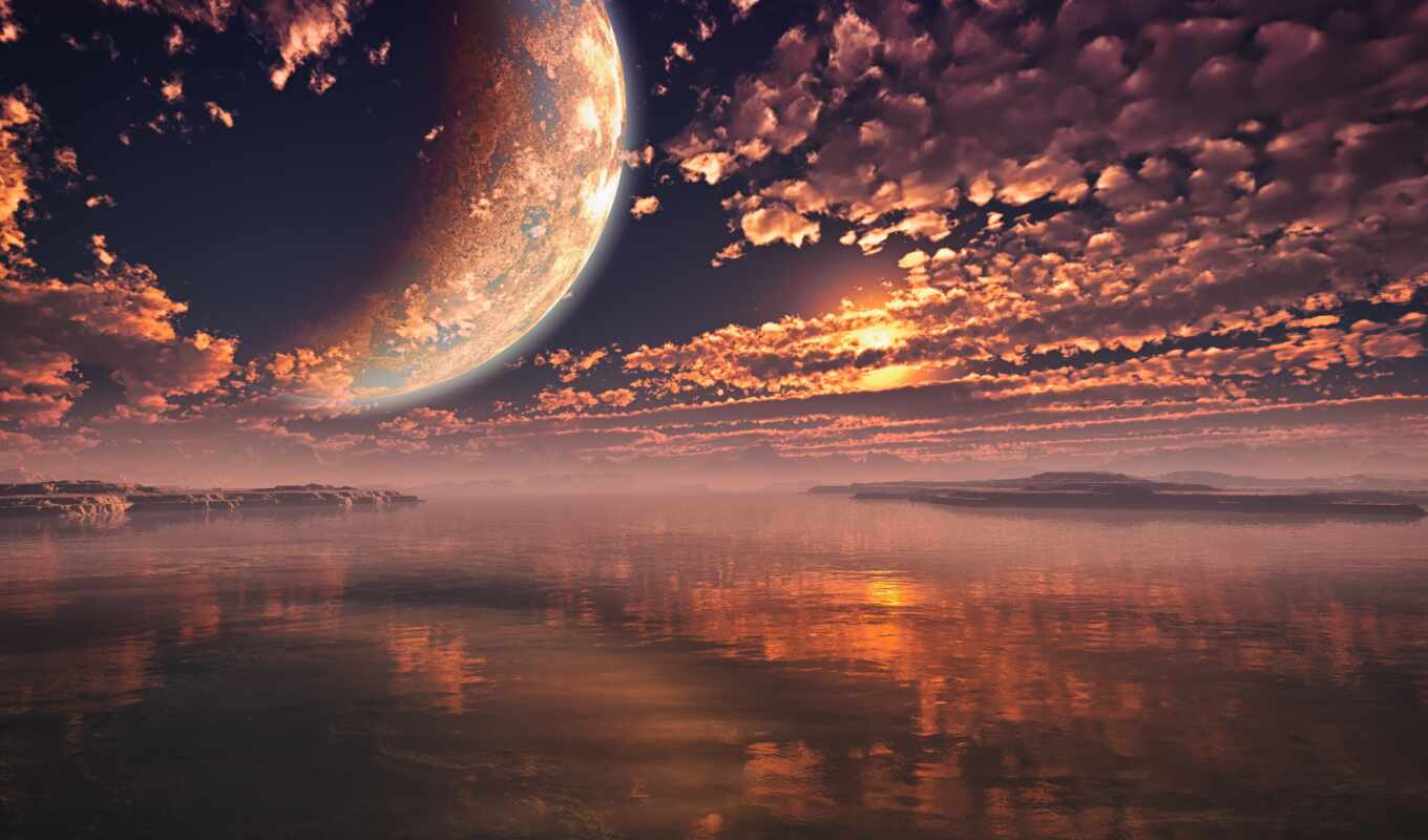 sky, sunset, moon, landscape, cloud, reflection