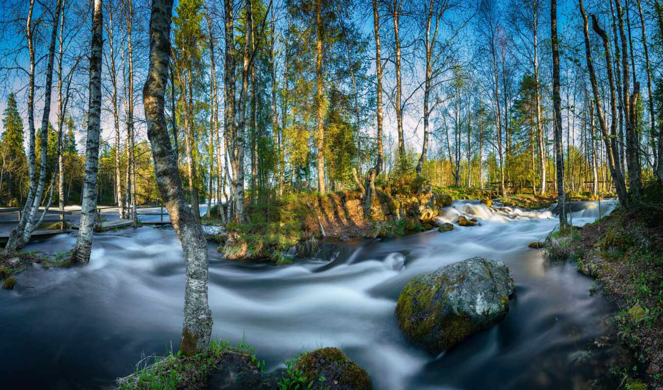 природа, небо, дерево, камень, поле, весна, park, река, national, финляндия