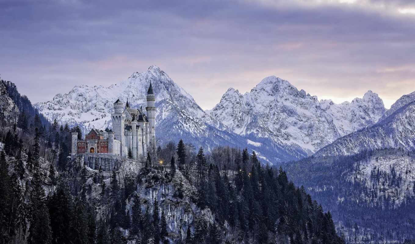 winter, гора, германия, castle, альпы, нойшванштайн, бавария, нойшванштайн, germanii
