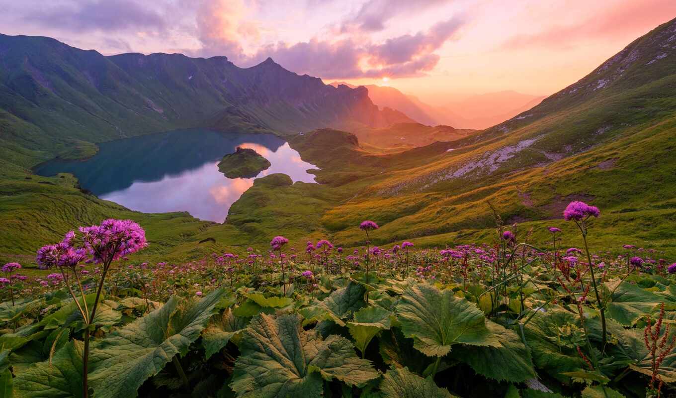 lake, sunset, mountain