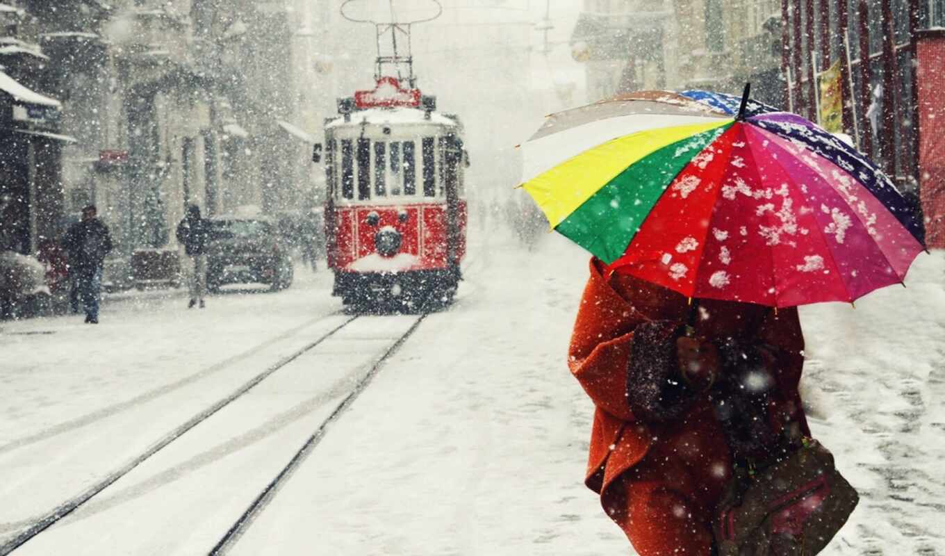 photo, good, city, snow, winter, umbrella, tram, one, narrow