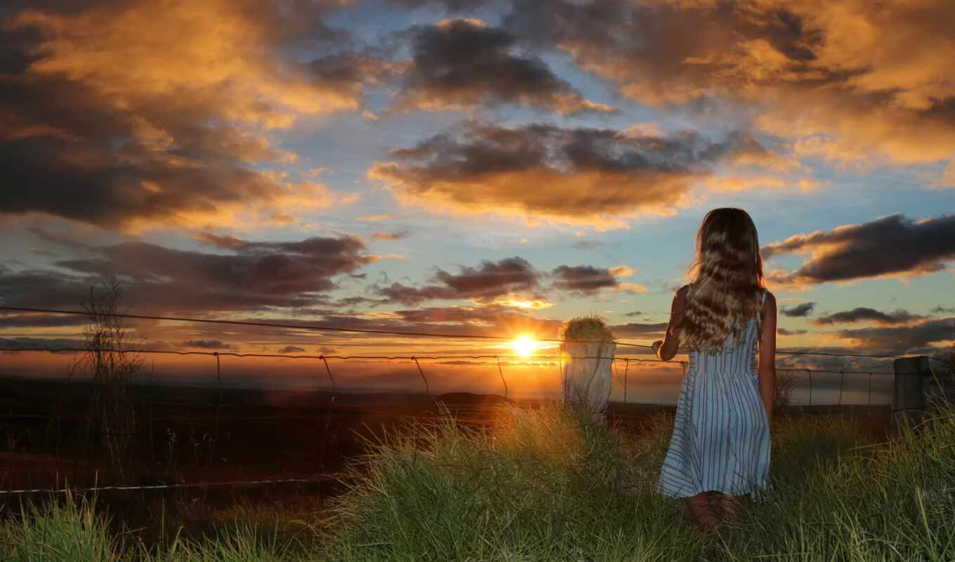 girl, summer, background, sunset