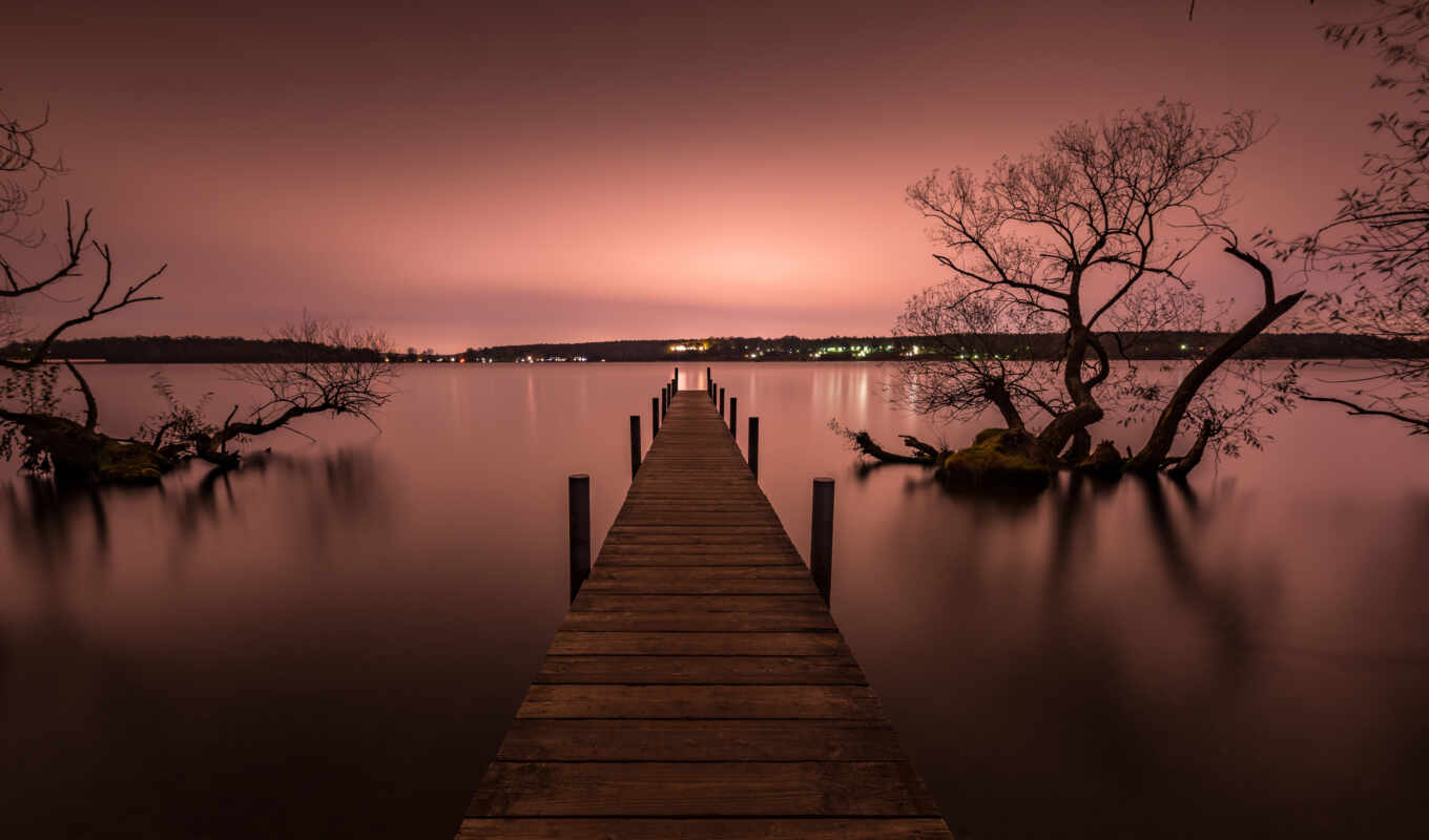 lake, nature, sky, view, sunset, water, pier, pink, reflection, quiet, calmness