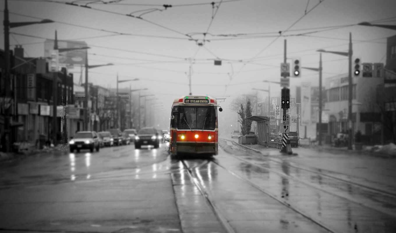 rain, street, color, tram, traffic, Toronto, selective