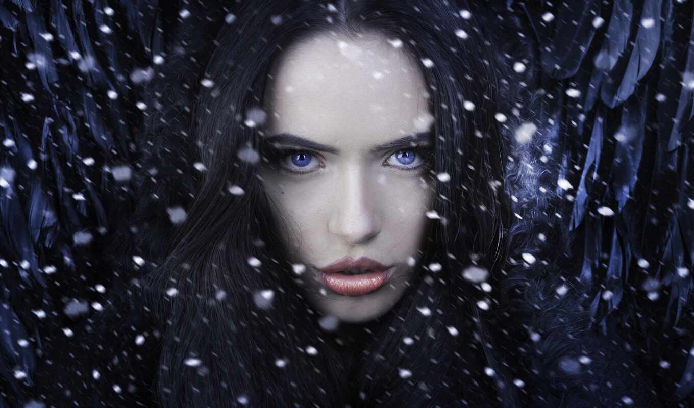 girl, background, snow, brunette, mouth, snowflake, darkness, permission, under
