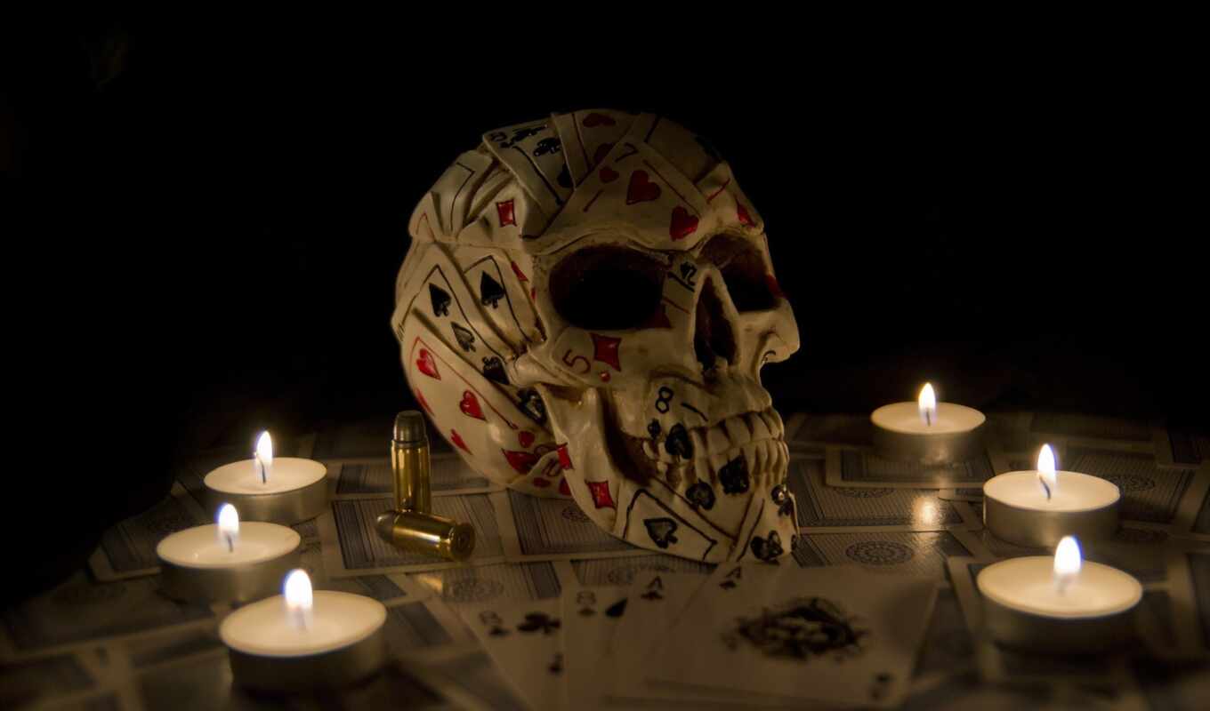 art, skull, play, light, fantasy, card, artwork, candle
