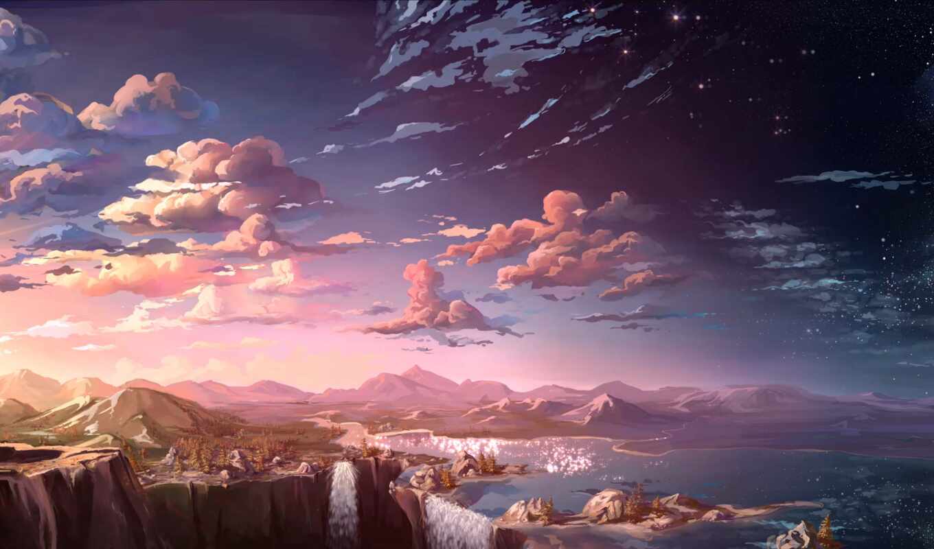 sky, art, view, picture, drawing, sunset, landscape, waterfalls, cloud, mountains, rocks