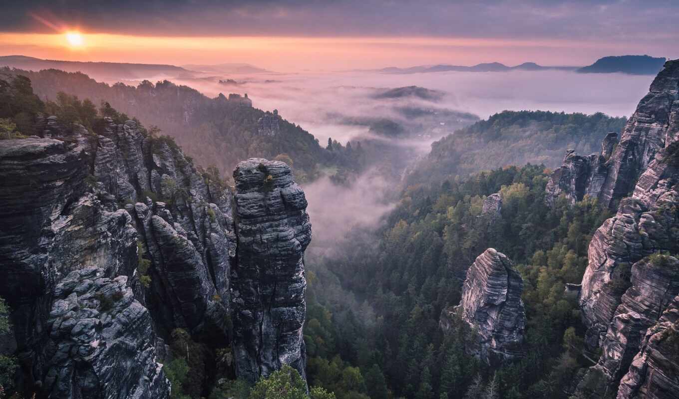 nature, sky, mountain, rock, landscape, Germany, cloud, sunrise, fog, mist, fore