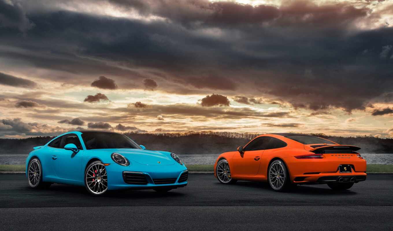 blue, car, fond, turbo, Porsche, supercar, orange, high, race