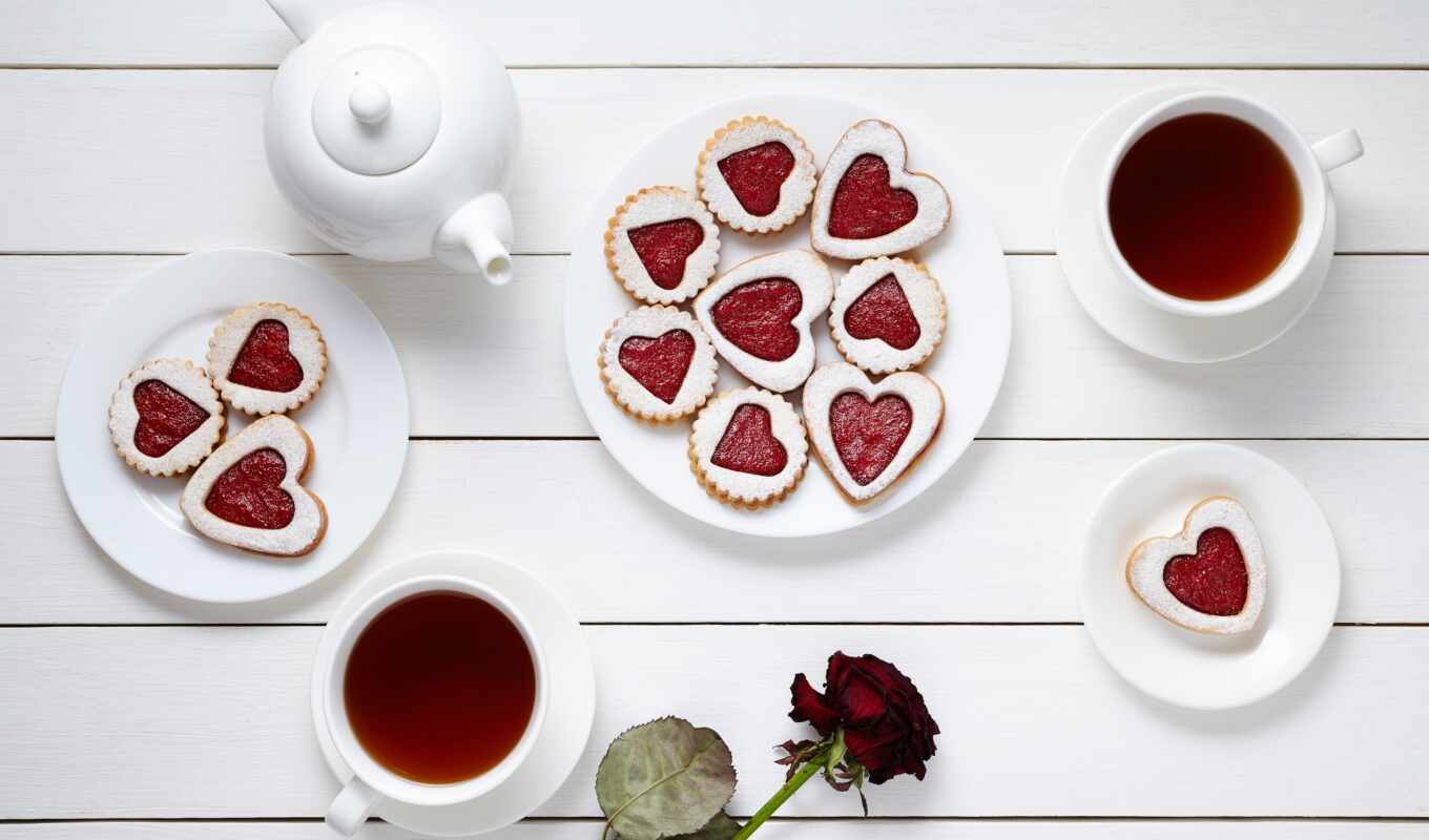 еда, сердце, день, valentine, cup, чая, shape, влюбить, cooky