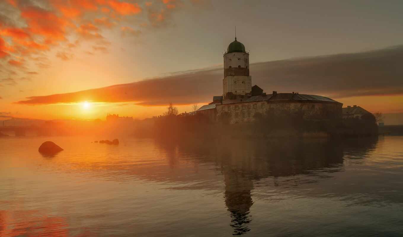 russian, sunrise, castle, locks, Russia, morning, vyborg
