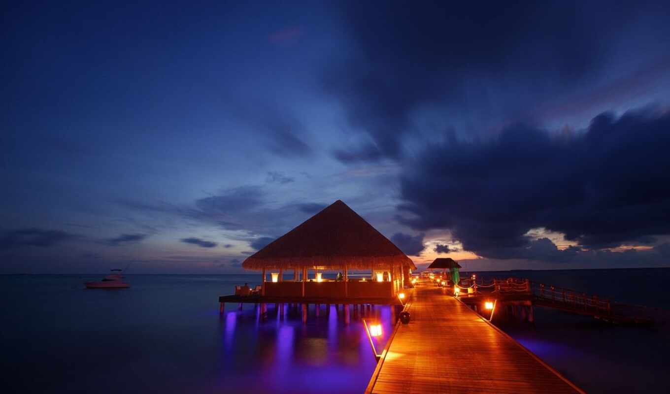 sunset, evening, sea, resort, ocean, maldives, tropics, bungal, kanuhura